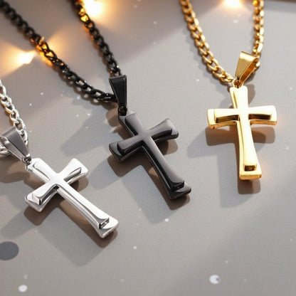 Collier homme pendentif La Croix LHéritage presentation variantes argent dore noir table brillante