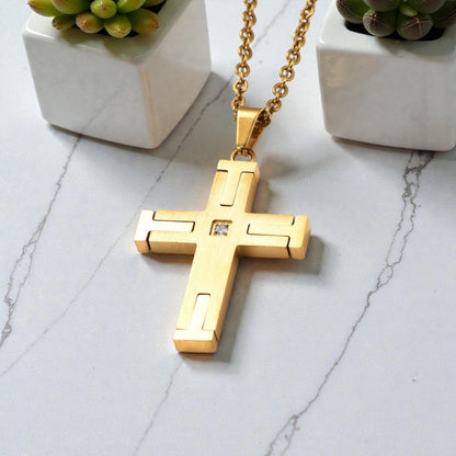 Collier homme pendentif La Croix equilibre & Structure variante doree marbre