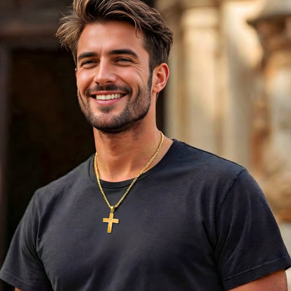 Collier homme, pendentif La Croix Équilibre & Structure"doreet shirt noir eglise