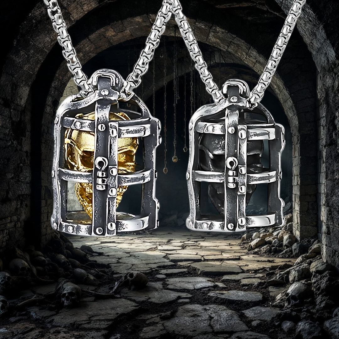 Collier homme, pendentif SKULL CAGE™ dore acier acier caverne donjon
