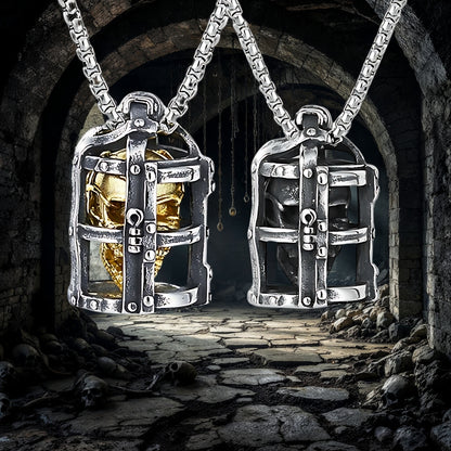 Collier homme, pendentif SKULL CAGE™ dore acier acier caverne donjon
