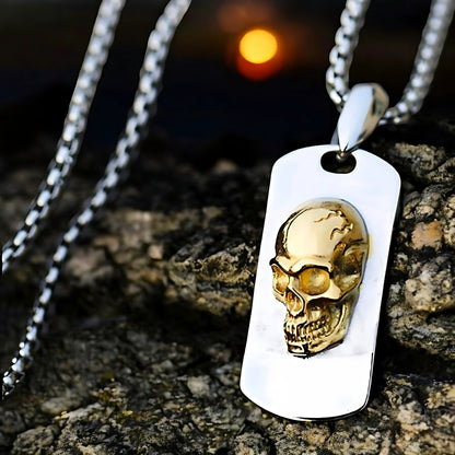 Collier homme, pendentif SKULL TAG 3D dore rochers