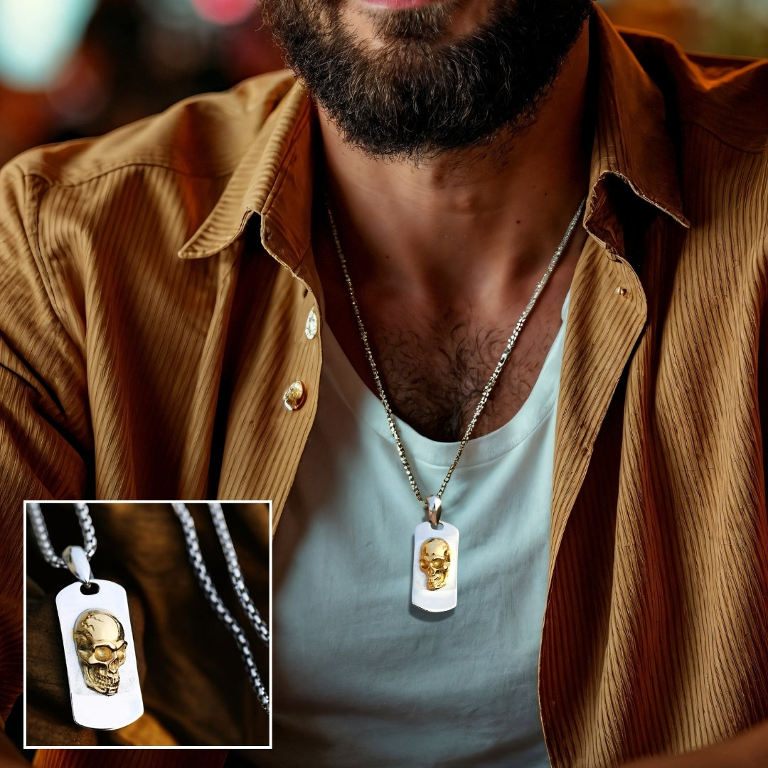 Collier homme, pendentif SKULL TAG 3D™ variante dore chemise mode