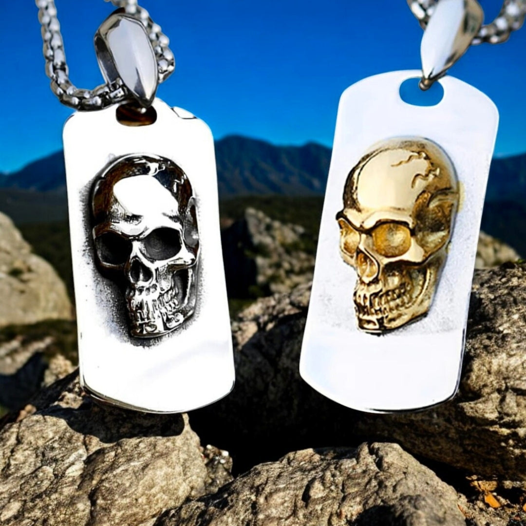 Collier homme, pendentif SKULL TAG 3D™ variantes argent dore rochers