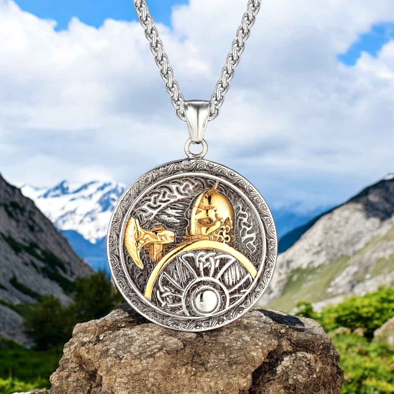 Collier homme, pendentif VORKA AXE™ viking dore variante