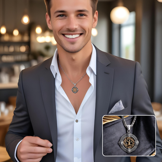 Collier homme, pendentif VORKY-TREE™ acier dore blouson gris