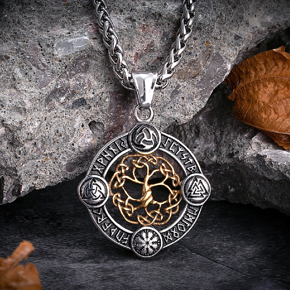 Collier homme, pendentif VORKY-TREE™ acier dore rocher