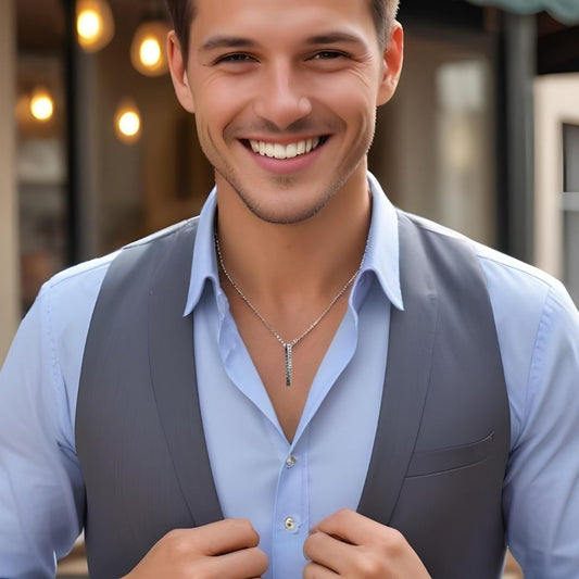 Collier homme, pendentif VORKY III™ argent chemise bleue