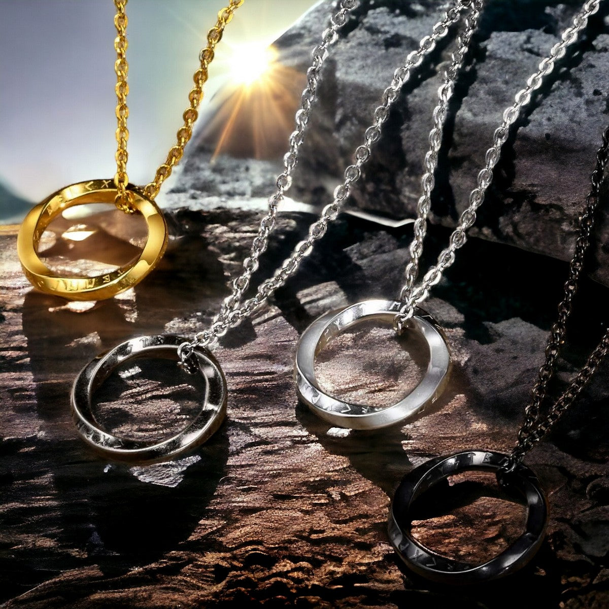 Collier homme, pendentif VORKY I™ rond dore acier argent noir
