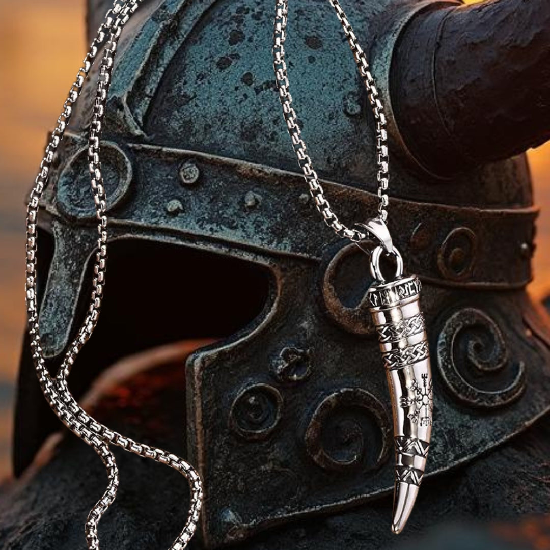 Collier homme, pendentif corne viking VIKORN argent casque deux cornes