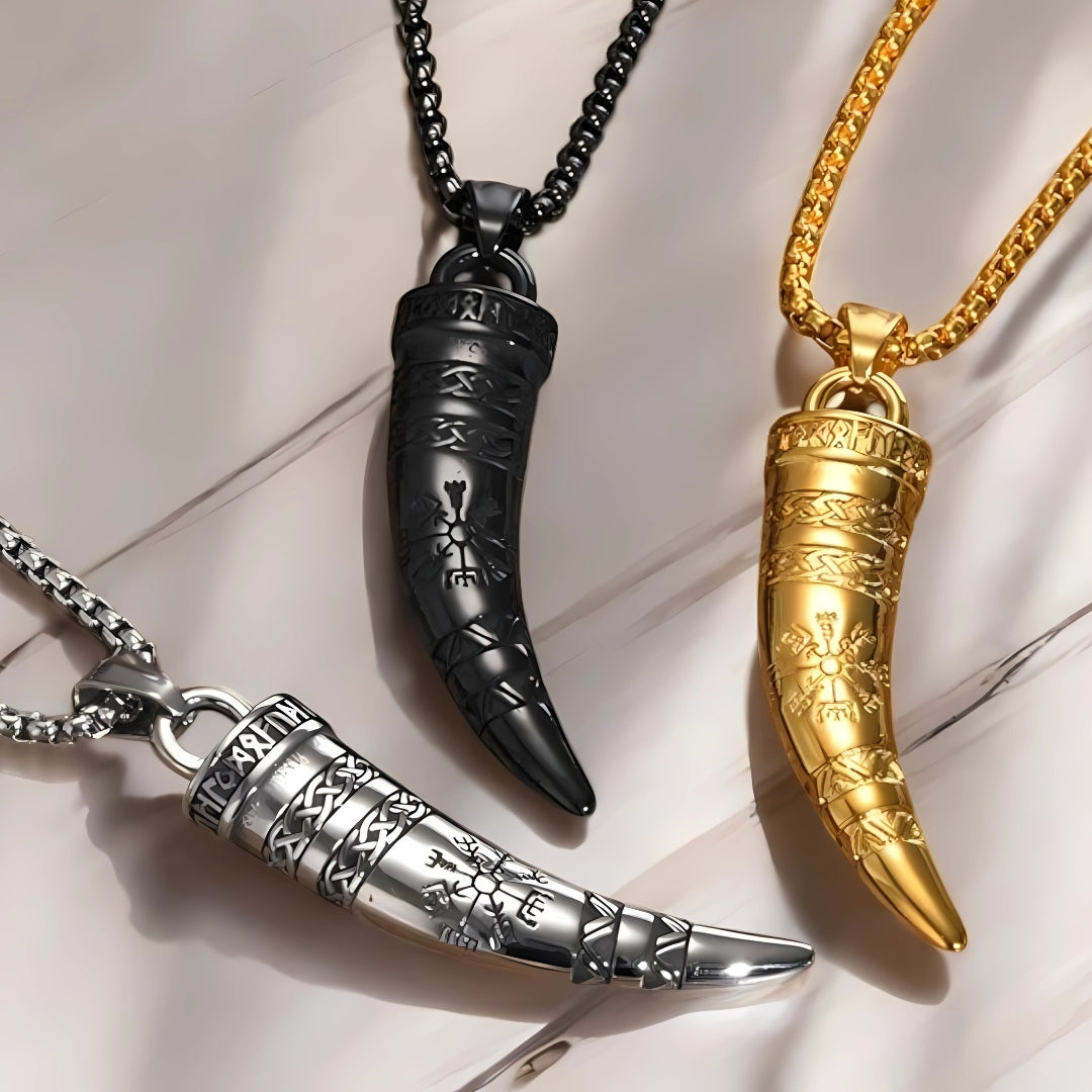 Collier homme, pendentif corne viking VIKORN argent dore noire variantes