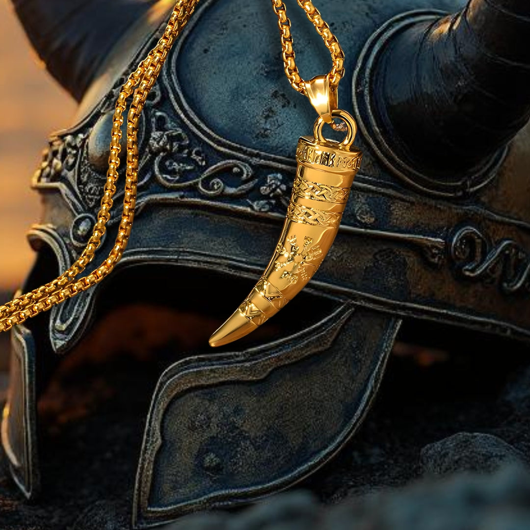 Collier homme, pendentif corne viking VIKORN dore casque deux cornes