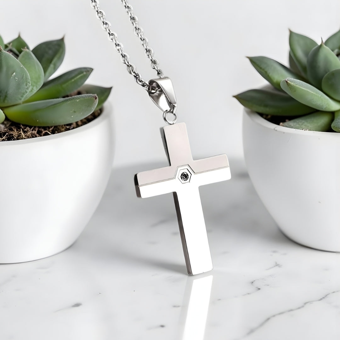 Collier homme pendentif croix AXIA variante argent pots blancs marbre