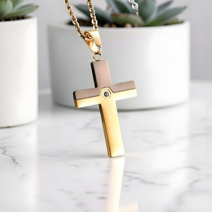 Collier homme pendentif croix AXIA variante dore bronze pots blancs