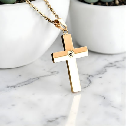 Collier homme pendentif croix AXIA variante dore pots blancs
