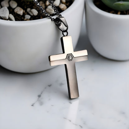 Collier homme pendentif croix AXIA variante noir argent pots blancs