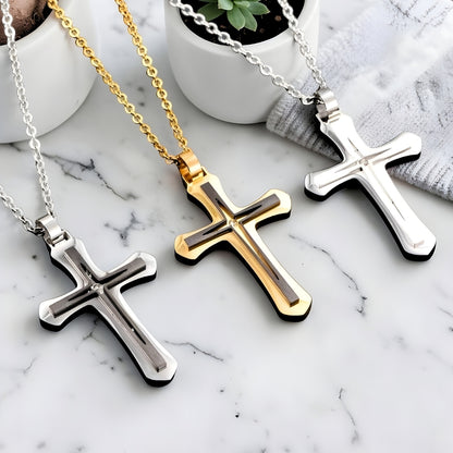 Collier homme, pendentif croix "Archange" trois couleurs variantes marbre