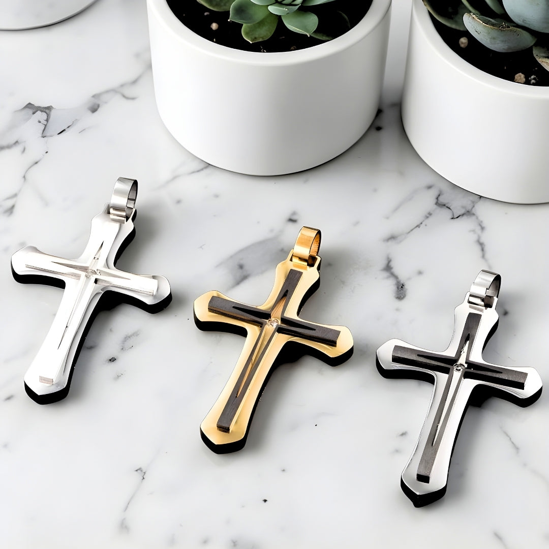 Collier homme, pendentif croix "Archange" trois couleurs variantes marbre plantes