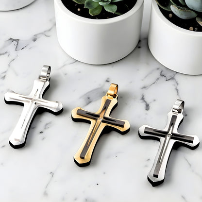 Collier homme, pendentif croix "Archange" trois couleurs variantes marbre plantes