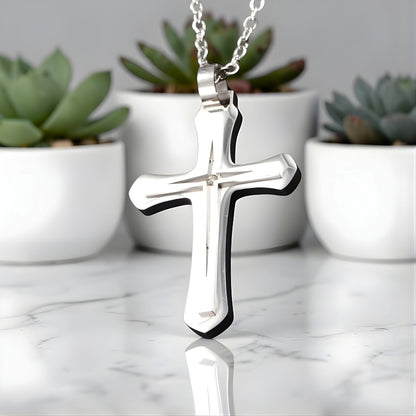Collier homme, pendentif croix "Archange" variante argent