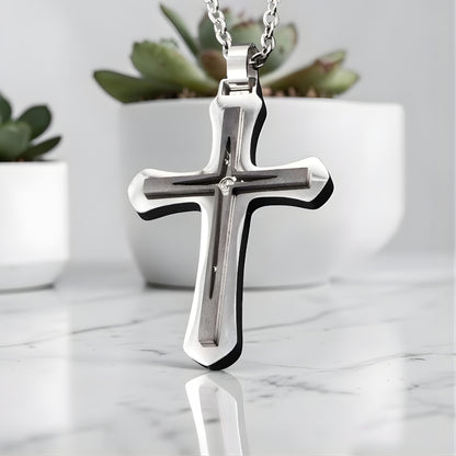 Collier homme, pendentif croix "Archange" variante argent noire