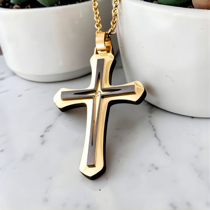 Collier homme, pendentif croix "Archange" variante dore noir