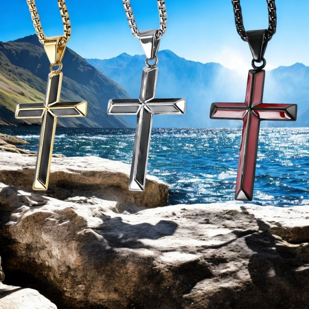 Collier homme, pendentif croix BEVELED CROIX trois variantes montagne mer