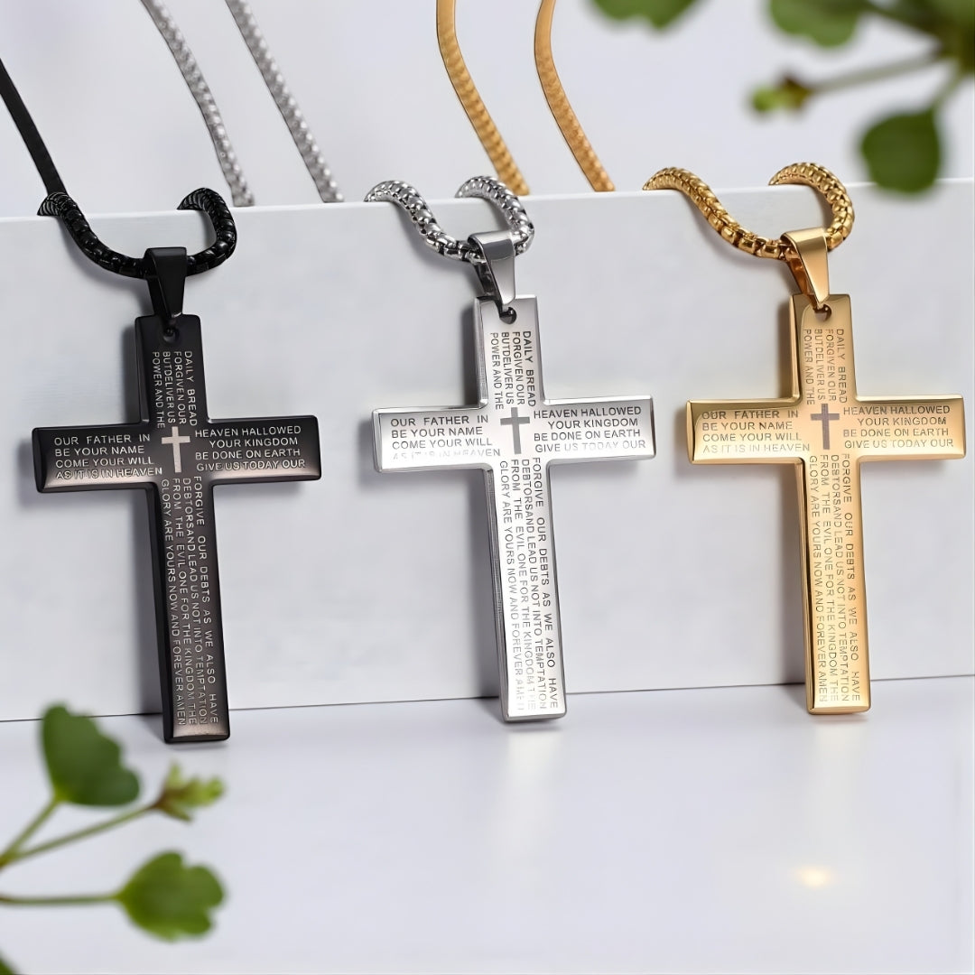Collier homme pendentif croix Biblique noire argent dore debout