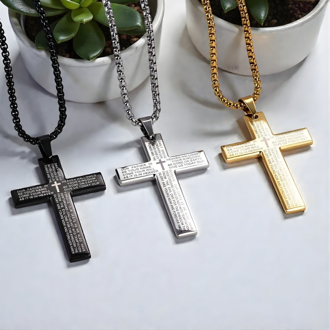 Collier homme pendentif croix Biblique noire argent dore plantes 