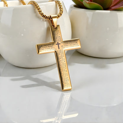 Collier homme pendentif croix Biblique  variante dore