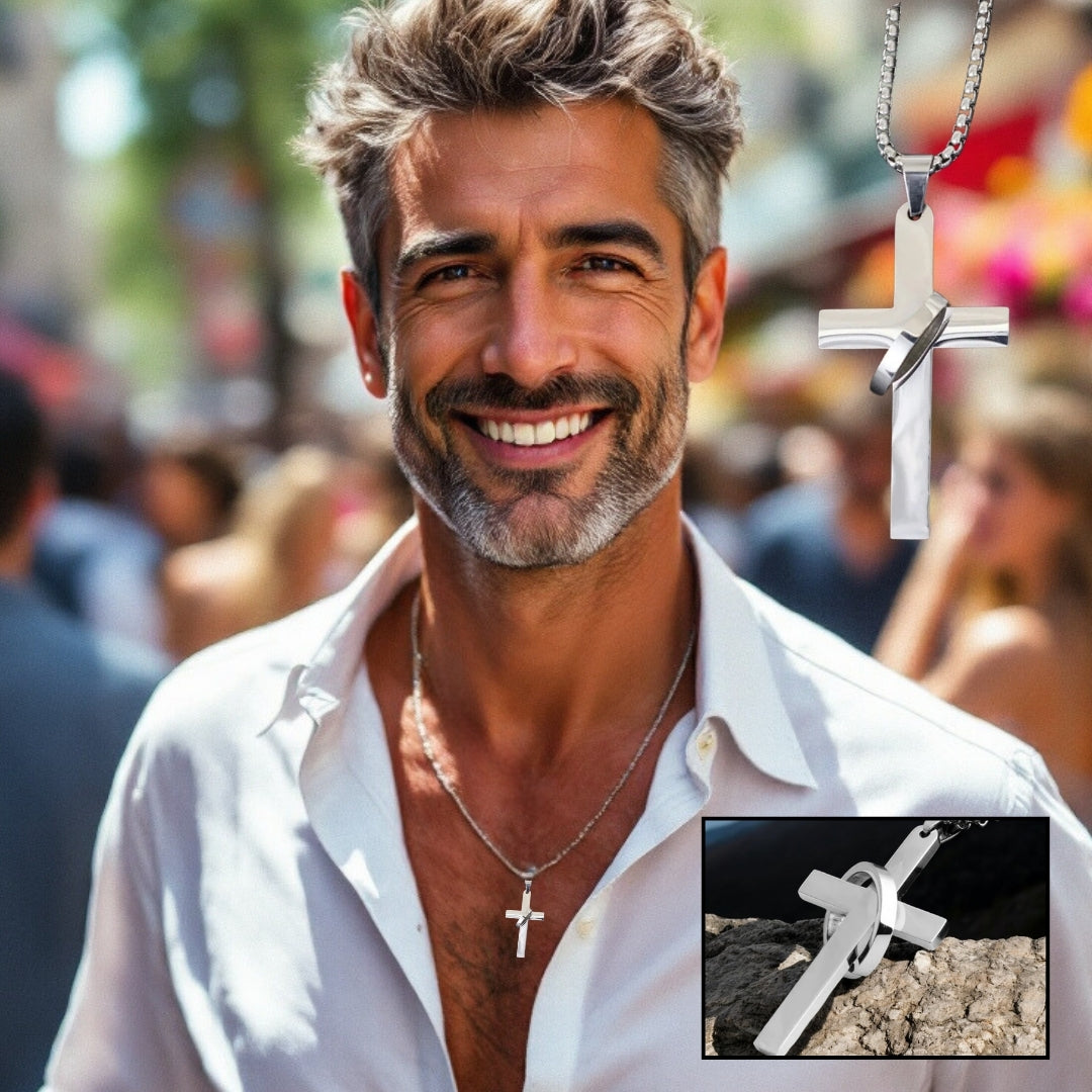 Collier homme, pendentif croix CROSS RING™ argent argent chemise blanche homme mature