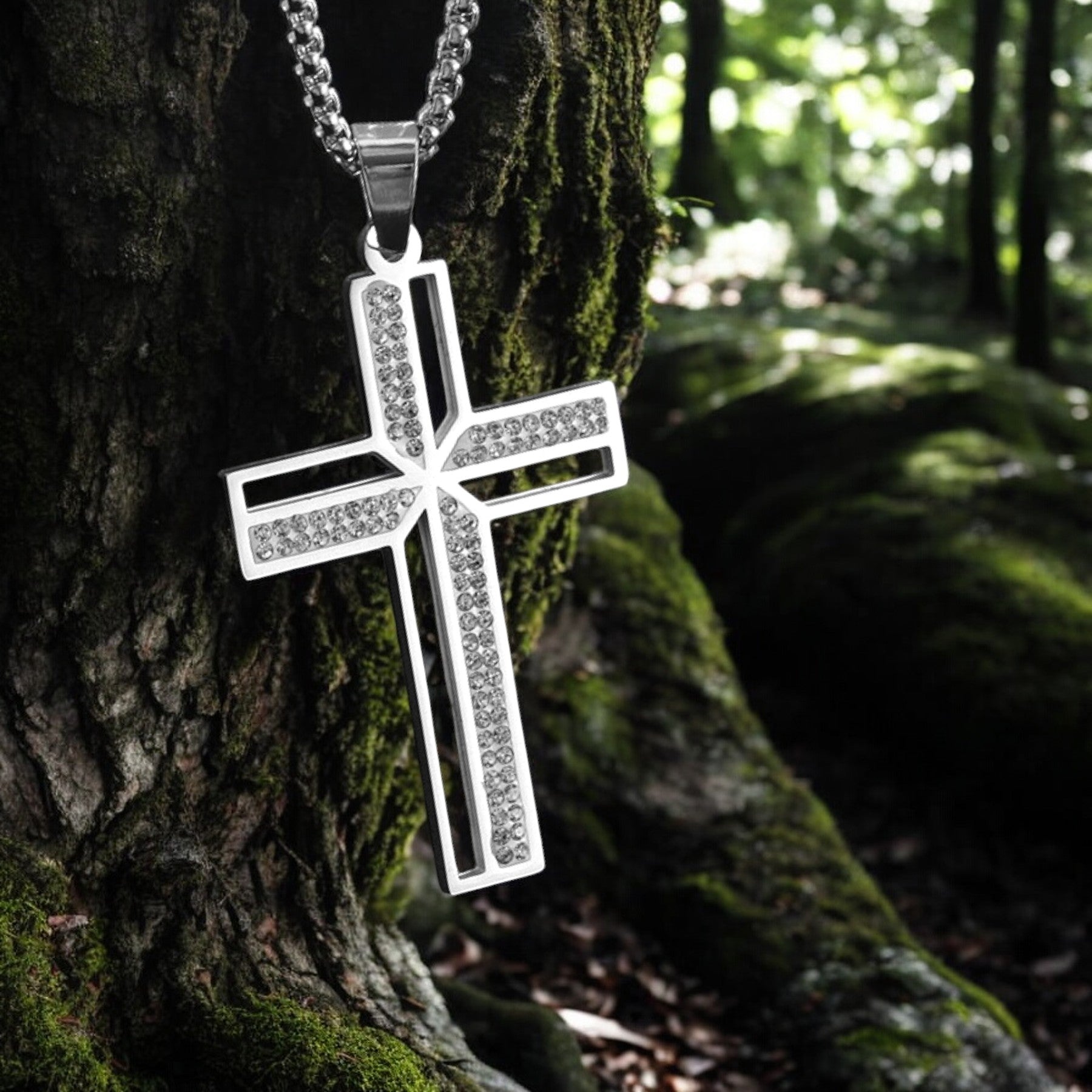 Collier homme, pendentif croix CRYSTAL CROSS™ argent variante arbre