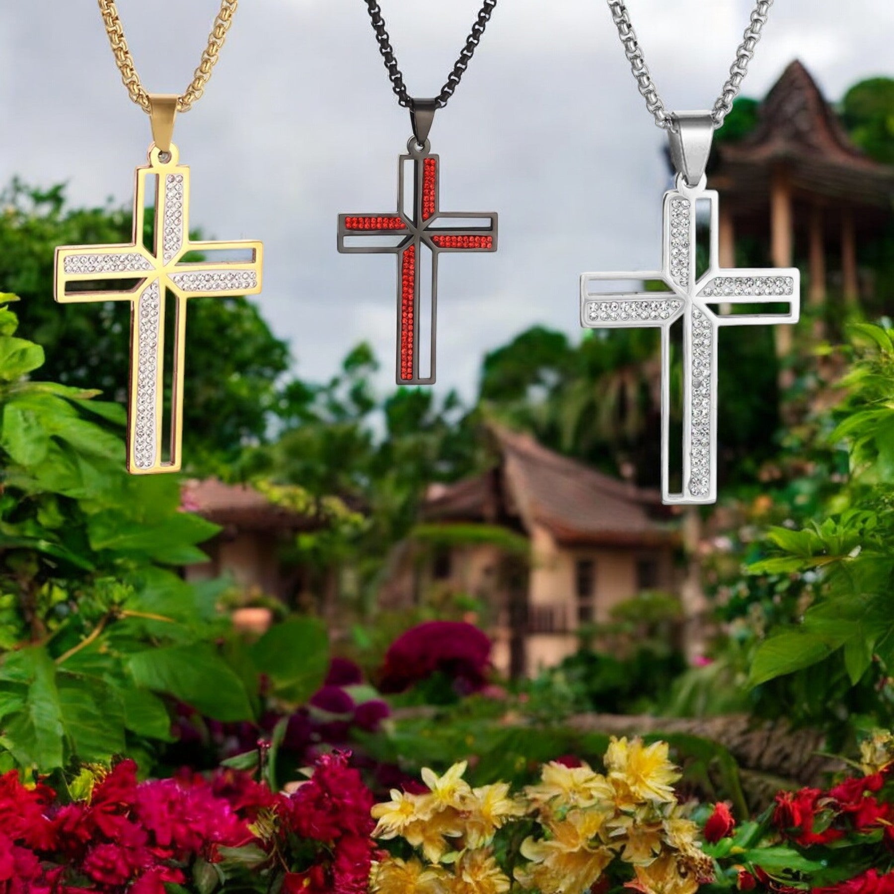 Collier homme, pendentif croix CRYSTAL CROSS™ dore rouge argente jardins fleurs 