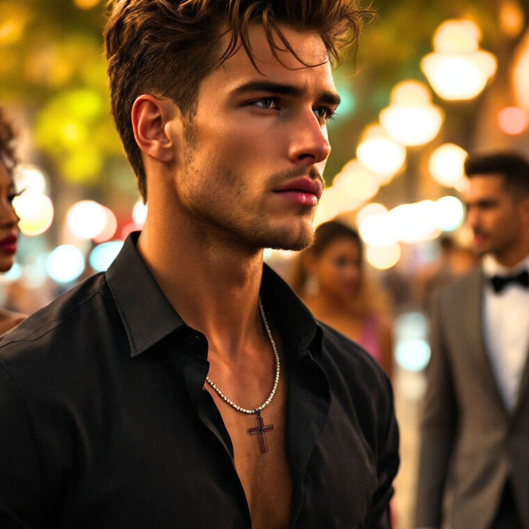 Collier homme, pendentif croix CRYSTAL CROSS™ rouge chemise noire soiree
