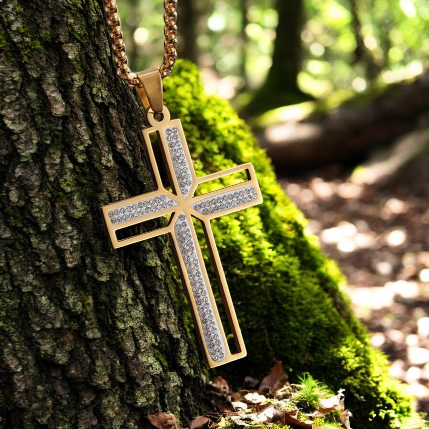Collier homme, pendentif croix CRYSTAL CROSS™ variante doree arbre