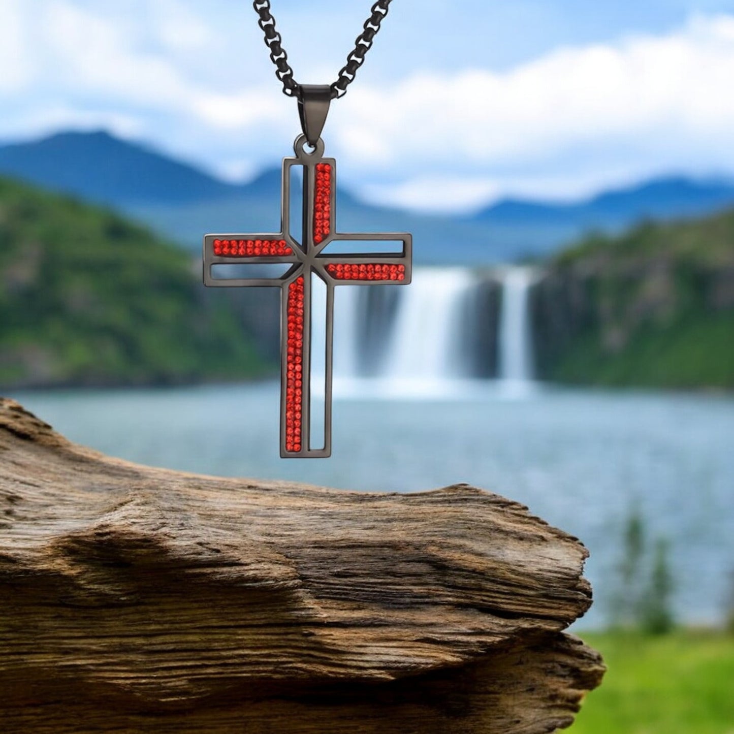 Collier homme, pendentif croix CRYSTAL CROSS™ variante rouge chutes