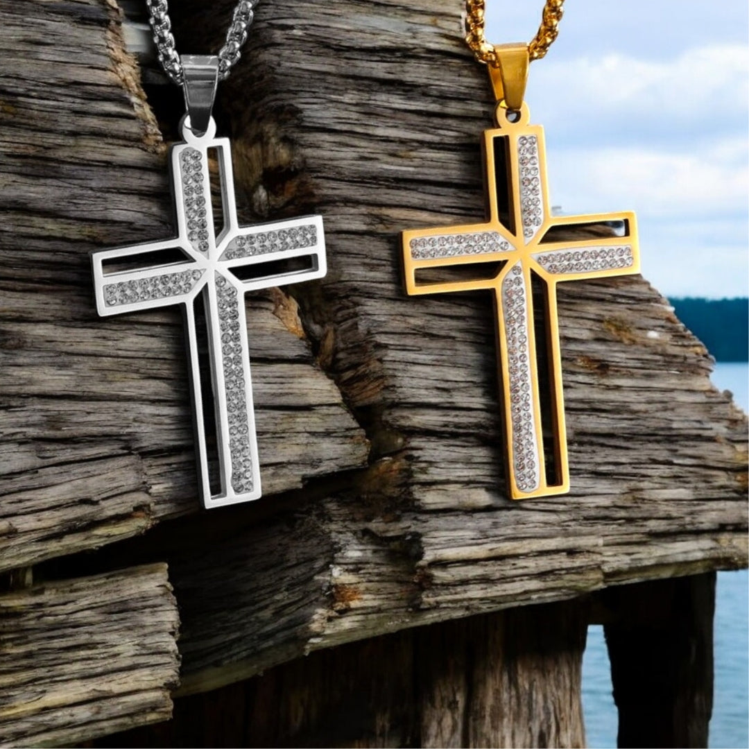 Collier homme, pendentif croix CRYSTAL CROSS™ variantes details bois