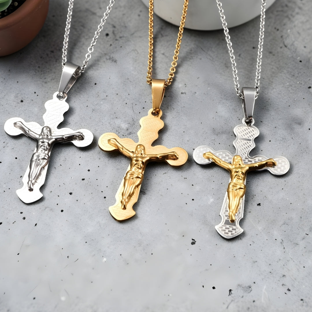 Collier homme pendentif croix Crucifix de l'Héritage Byzantin dore argent bicolore ciment