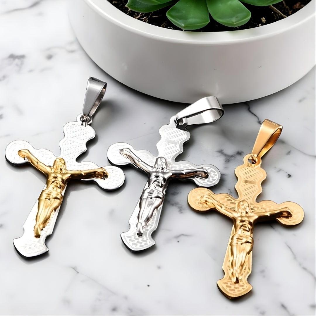 Collier homme pendentif croix Crucifix de l'Héritage Byzantin dore argent bicolore marbre plante