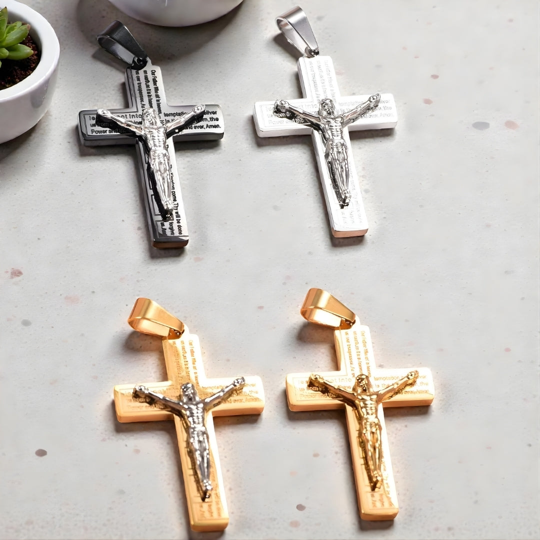 Collier homme pendentif croix Crucifix  quatres variantes presentations marbre plantes a plat