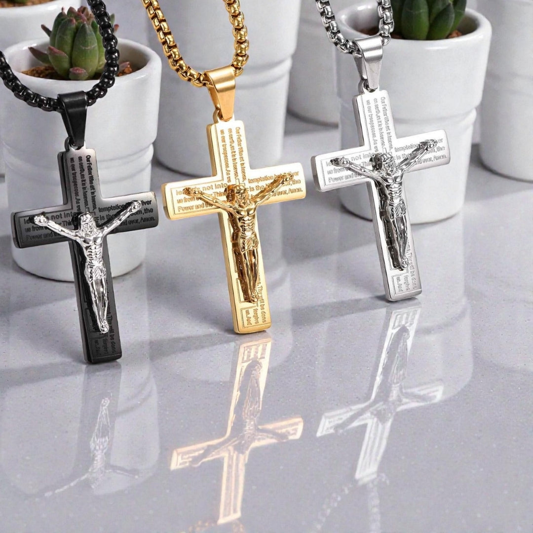 Collier homme pendentif croix Crucifix variantes presentations marbre plantes