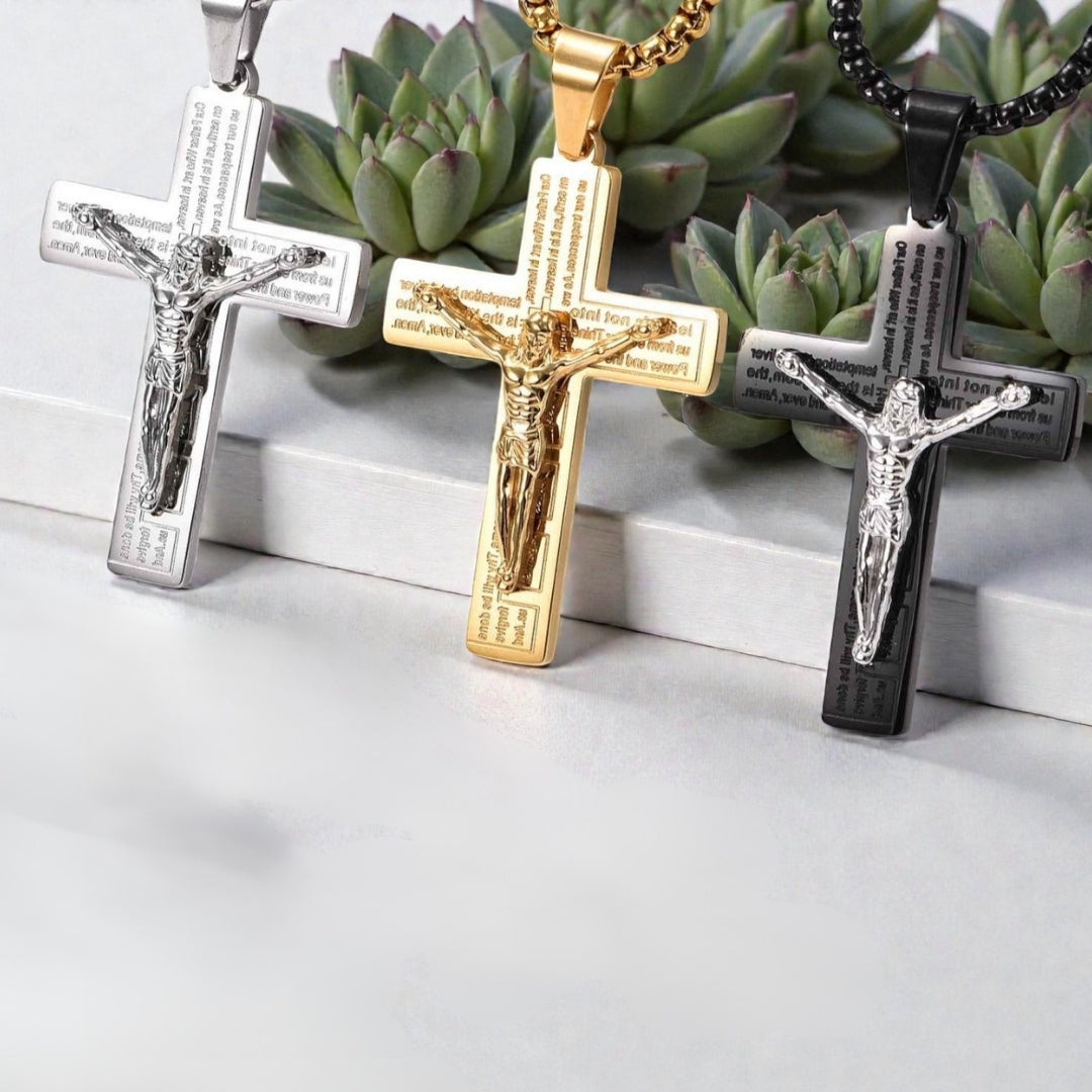 Collier homme pendentif croix Crucifix  variantes presentations plantes 