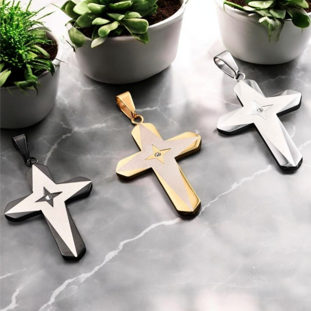 Collier homme pendentif croix "Eclat Stellaire" trois variantes noir dore argent marbre plantes