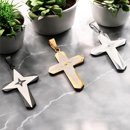 Collier homme pendentif croix "Eclat Stellaire" trois variantes noir dore argent marbre plantes