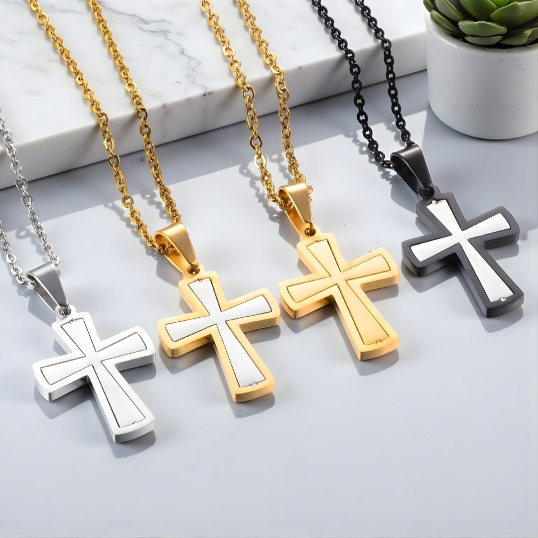 Collier homme, pendentif croix "Essence Moderne quatre variantes table marbre 