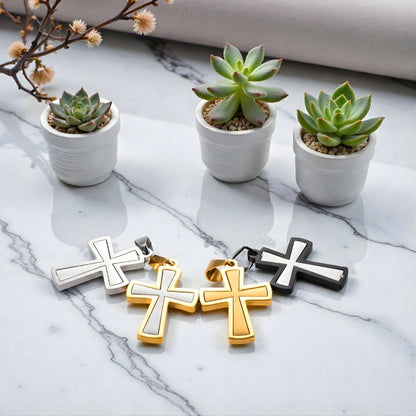 Collier homme, pendentif croix "Essence Moderne quatre variantes table marbre plantes 