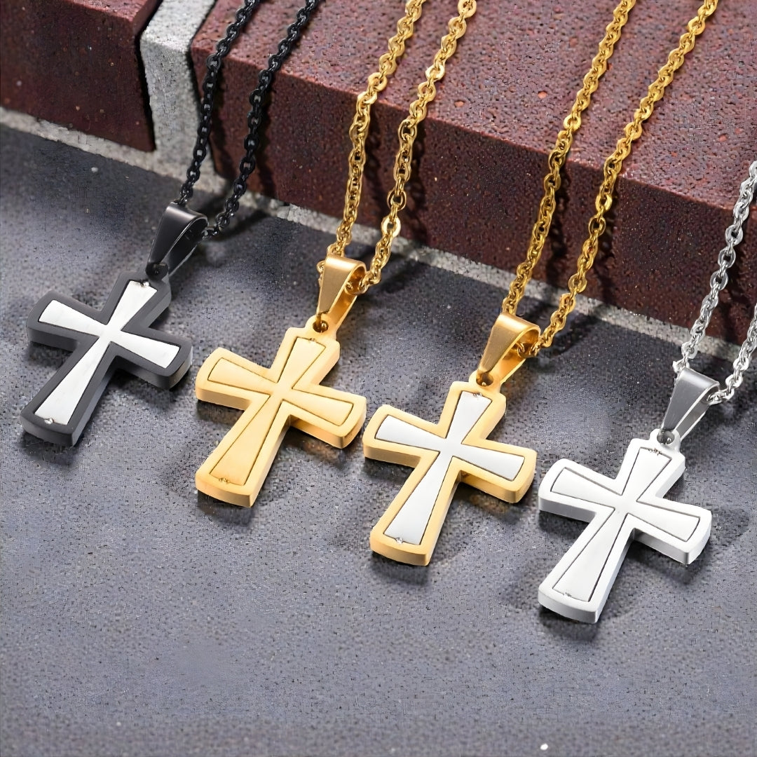 Collier homme, pendentif croix "Essence Moderne variantes argent dore noir bicolore ciment