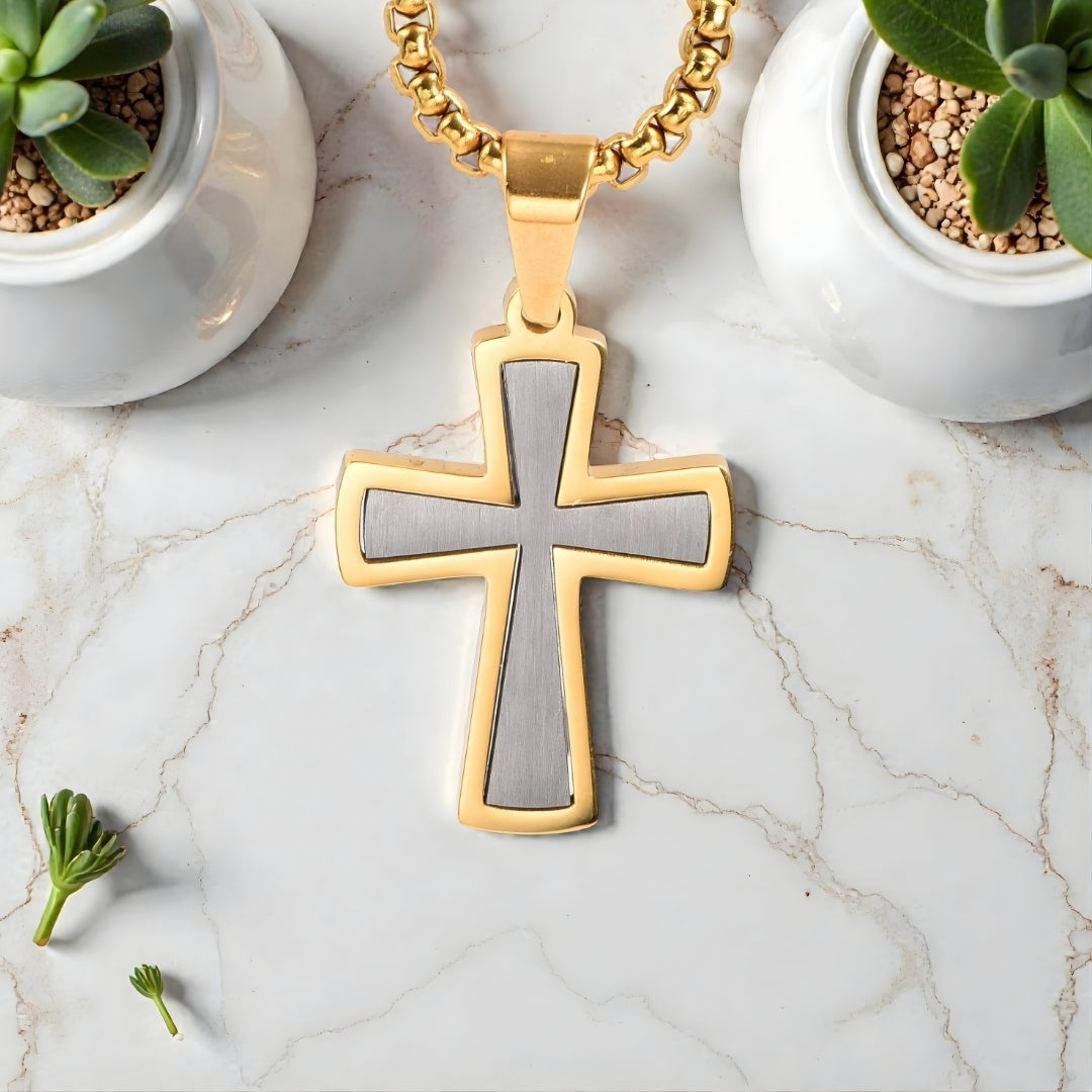 Collier homme, pendentif croix "Essence Moderne variantes bicolore argent dore