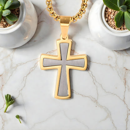 Collier homme, pendentif croix "Essence Moderne variantes bicolore argent dore