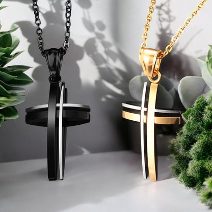 Collier homme, pendentif croix FIRST CROSS™ dore noire table blanche plantes